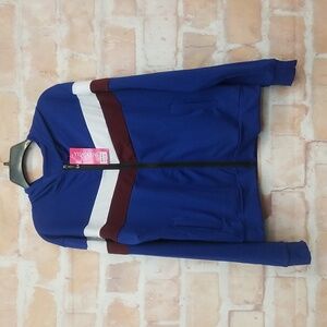 NWT Yilatkeni Size XL/XXL Blue Zip-Up Hoodie with Maroon and White Stripes